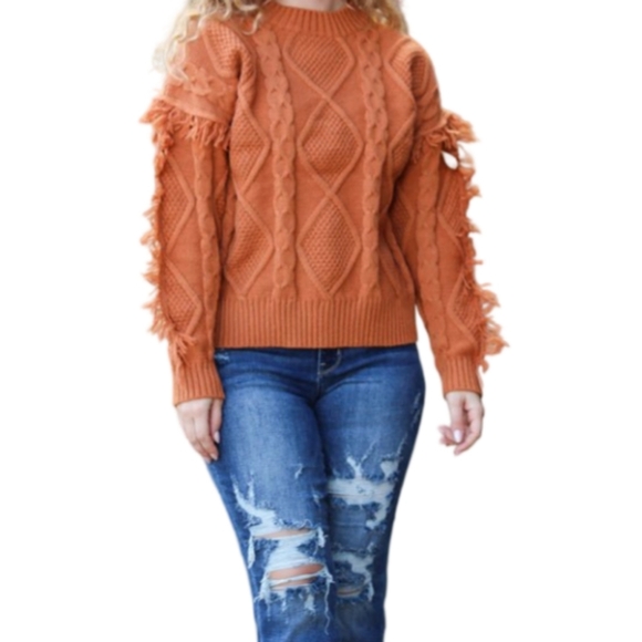 Haptics Orange Cable Knit Sweater with Fringe - Picture 2 of 5